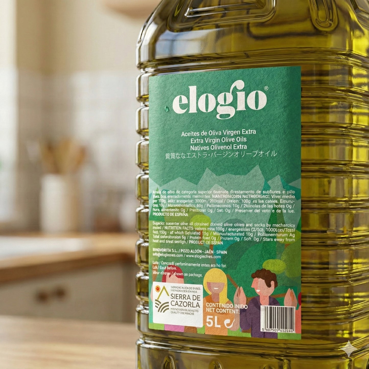 Detalle de la garrafa de 5 L de aceite de oliva virgen extra Elogio Tradicional
