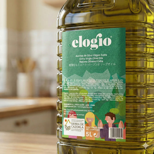 Detalle de la garrafa de 5 L de aceite de oliva virgen extra Elogio Tradicional
