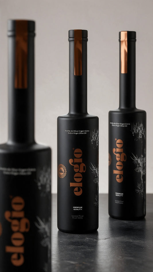 ELOGIO Premium 500 ml cosecha 2026-2027 · botellas negras con detalle en cobre